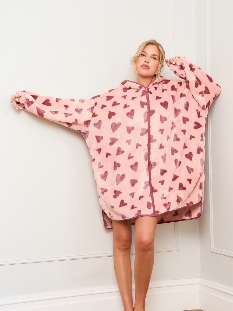 Jim Jam the Label Pink Heart Print Oversized Zip Hoodie - Image 1 of 5