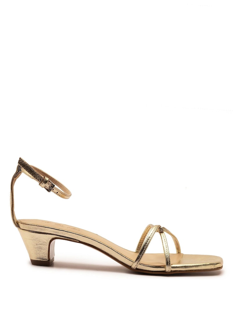Off The Hook Gold Holborn Low Block Heels Leather Ankle Strap Sandals - Image 1 of 6