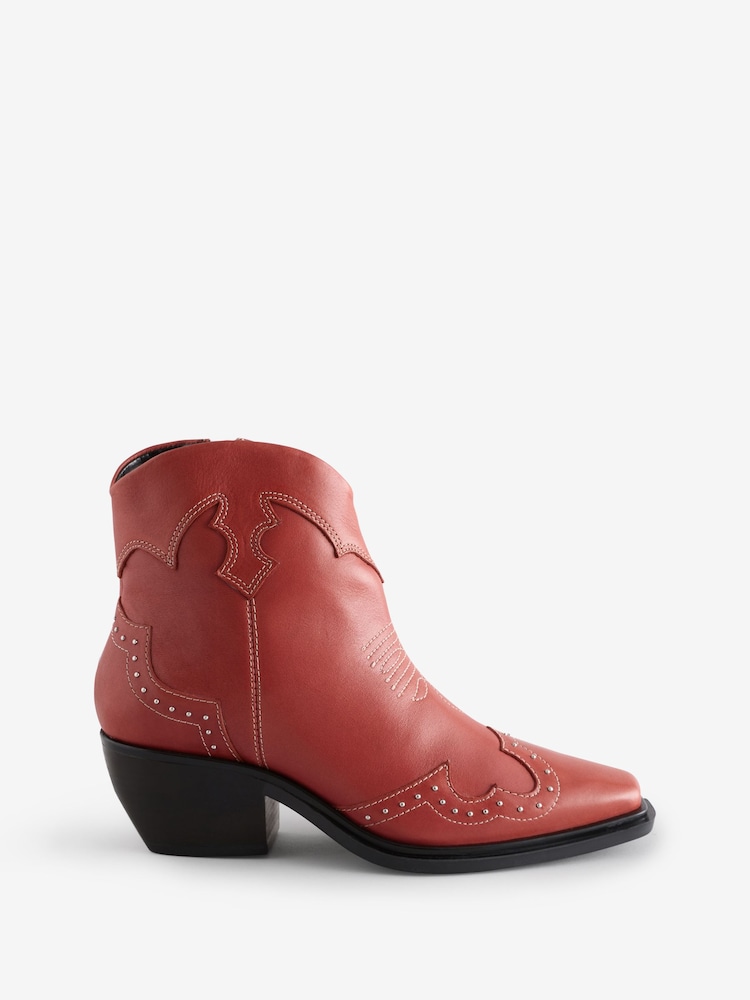Off The Hook Red Grange Western Block Heel Leather Ankle Boots - Image 1 of 1
