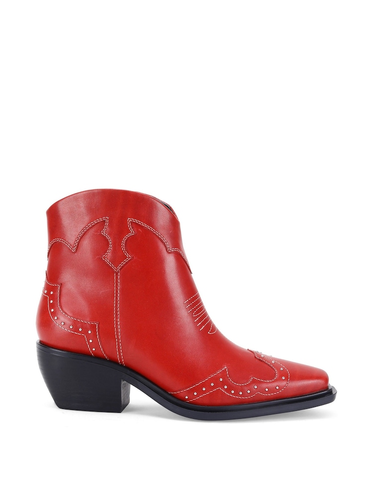 Off The Hook Red Grange Western Block Heel Leather Ankle Boots - Image 2 of 6