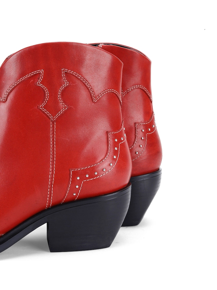 Off The Hook Red Grange Western Block Heel Leather Ankle Boots - Image 6 of 6