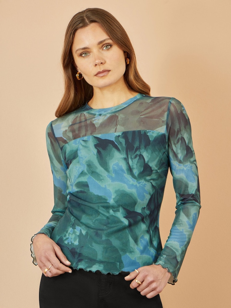 Yumi Green Floral Mesh Top - Image 1 of 5 Yumi Green Floral Mesh Top - Image 1 of 5
