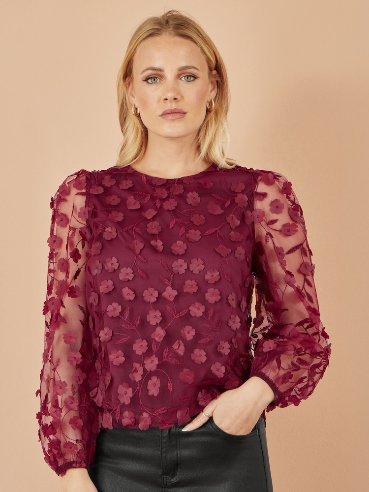 Yumi Red Sheer Sleeve Appliqué Flower Top - Image 1 of 4
