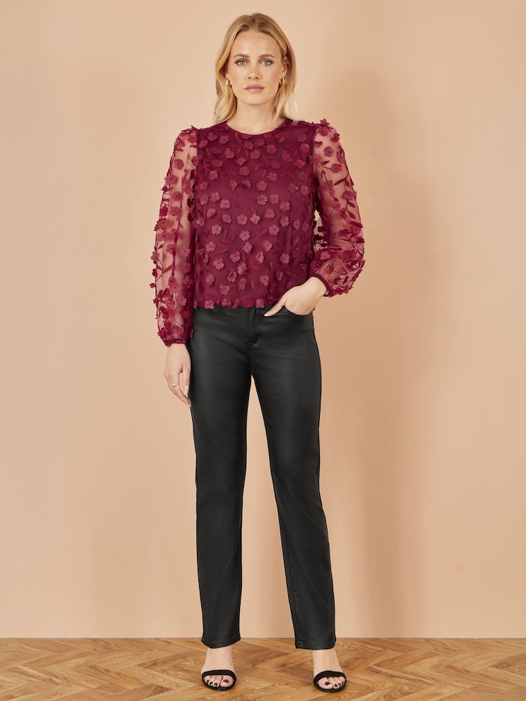 Yumi Red Sheer Sleeve Appliqué Flower Top - Image 2 of 4 Yumi Red Sheer Sleeve Appliqué Flower Top - Image 2 of 4
