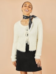 Yumi Cream Eyelash Fluffy Knit Bolero Dress With Tie Front - Image 1 of 4