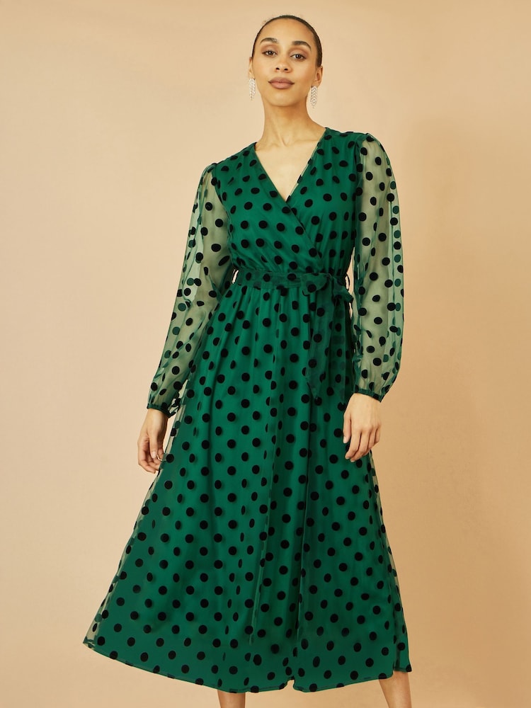 Yumi Green Spot Mesh Wrap Midi Skater Dress - Image 1 of 4