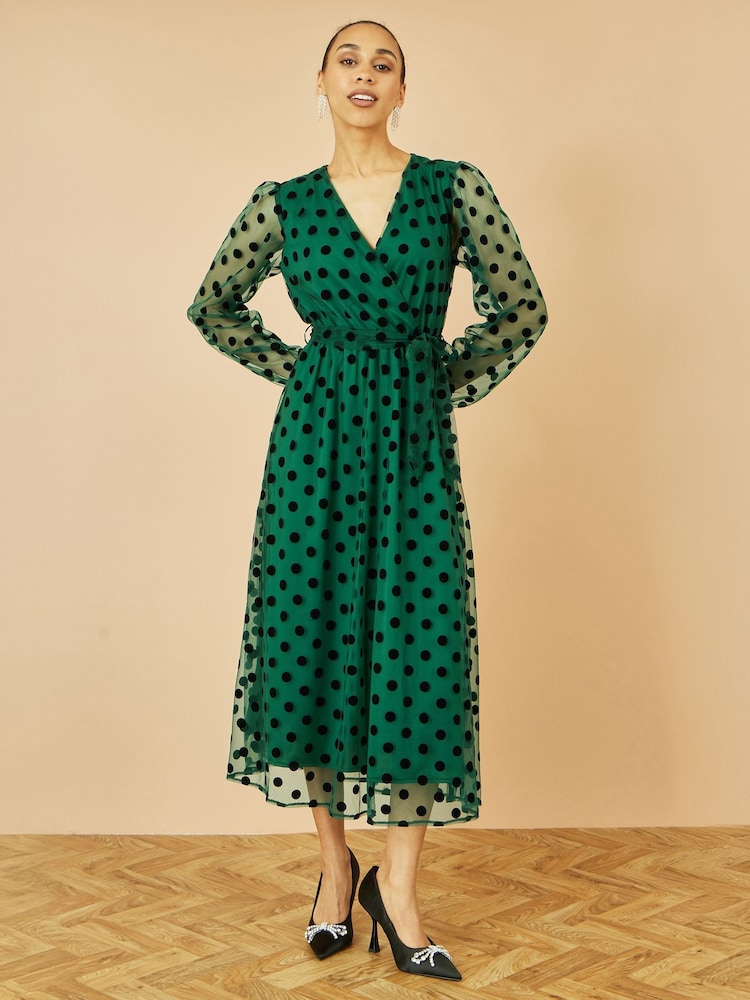 Yumi Green Spot Mesh Wrap Midi Skater Dress - Image 2 of 4