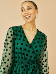 Yumi Green Spot Mesh Wrap Midi Skater Dress - Image 3 of 4