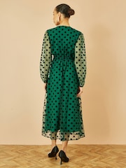 Yumi Green Spot Mesh Wrap Midi Skater Dress - Image 4 of 4