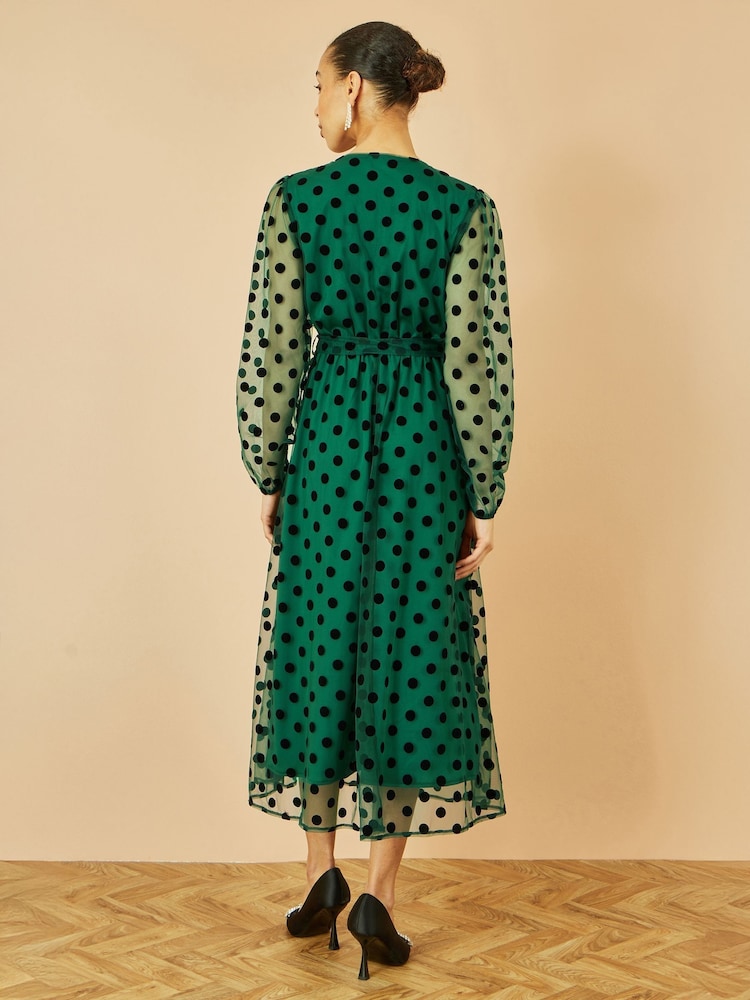 Yumi Green Spot Mesh Wrap Midi Skater Dress - Image 4 of 4