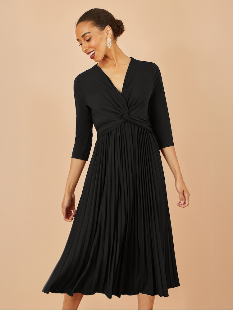 Yumi Black Jersey Knot Waist Pleated Midi Dress - Image 1 of 5
