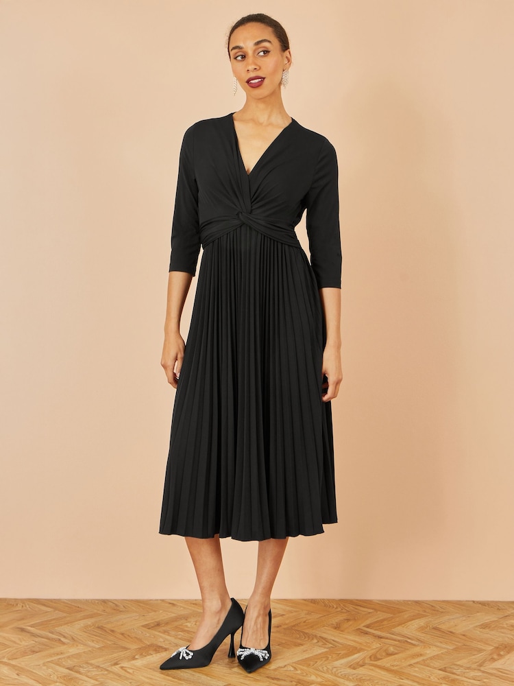 Yumi Black Jersey Knot Waist Pleated Midi Dress - Image 2 of 5 Yumi Black Jersey Knot Waist Pleated Midi Dress - Image 2 of 5