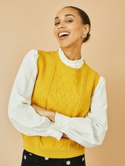 Yumi Yellow Cable Knit Sleeveless Jumper - Image 1 of 5