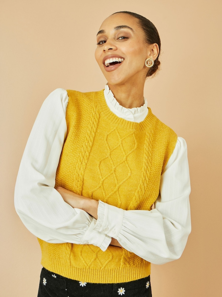 Yumi Yellow Cable Knit Sleeveless Jumper - Image 1 of 5