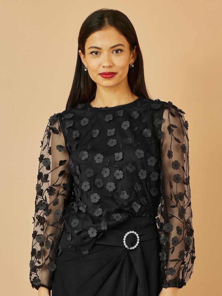 Yumi Black Sheer Sleeve Appliqué Flower Top - Image 1 of 4