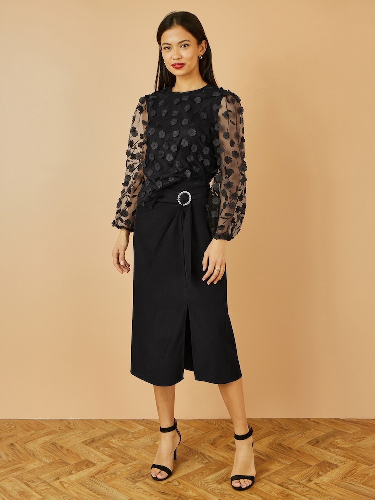 Yumi Black Sheer Sleeve Appliqué Flower Top - Image 2 of 4 Yumi Black Sheer Sleeve Appliqué Flower Top - Image 2 of 4