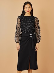 Yumi Black Sheer Sleeve Appliqué Flower Top - Image 3 of 4