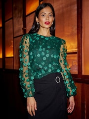 Yumi Green Sheer Sleeve Appliqué Flower Top - Image 1 of 4