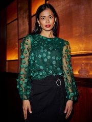 Yumi Green Sheer Sleeve Appliqué Flower Top - Image 2 of 4