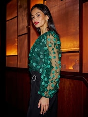 Yumi Green Sheer Sleeve Appliqué Flower Top - Image 3 of 4
