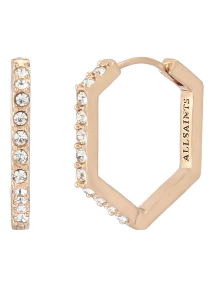 AllSaints Gold Crystal Hexagon Hoop Earrings - Image 1 of 5 AllSaints Gold Crystal Hexagon Hoop Earrings - Image 1 of 5
