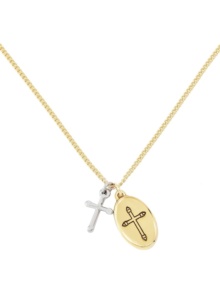 AllSaints Gold Tone Cross Duo Pendant Necklace - Image 2 of 4