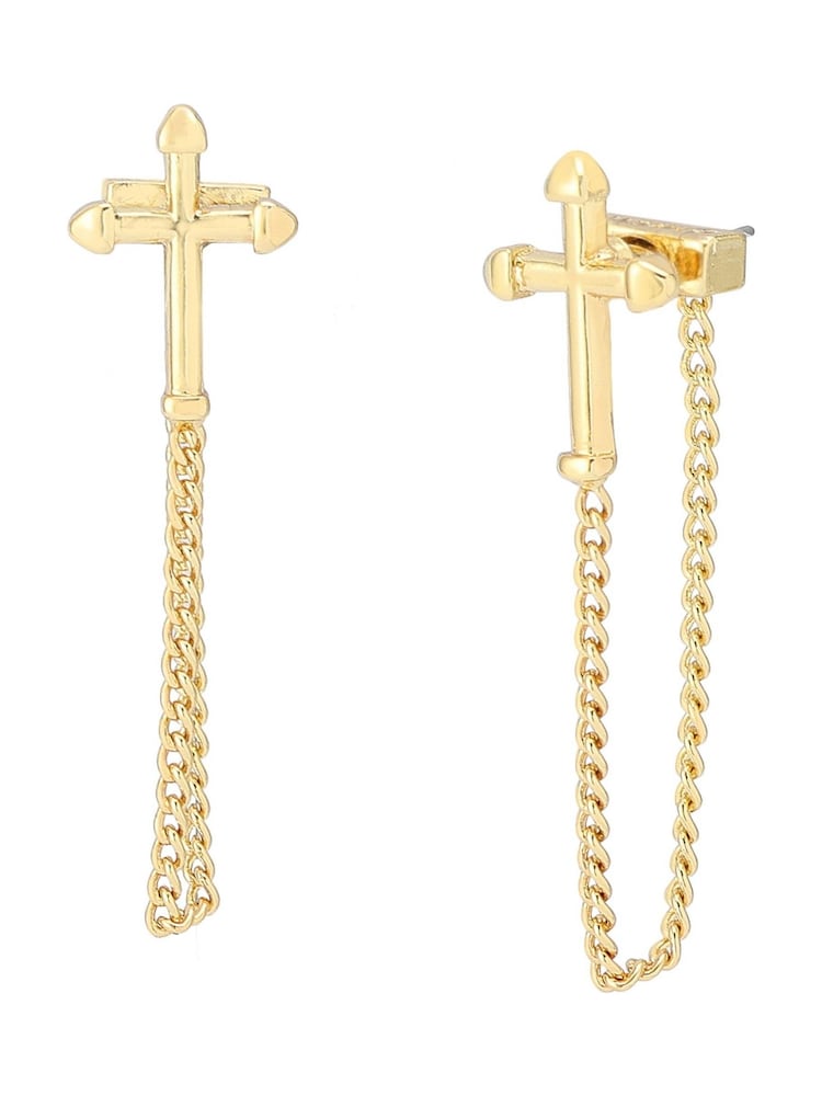 AllSaints Gold Tone Cross Swag Chain Earrings - Image 1 of 4 AllSaints Gold Tone Cross Swag Chain Earrings - Image 1 of 4