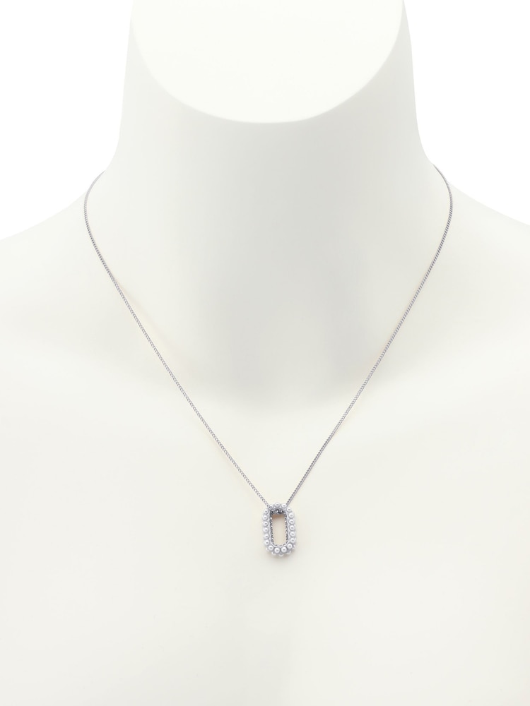 AllSaints Silver Tone Pearl Halo Pendant Necklace - Image 5 of 5