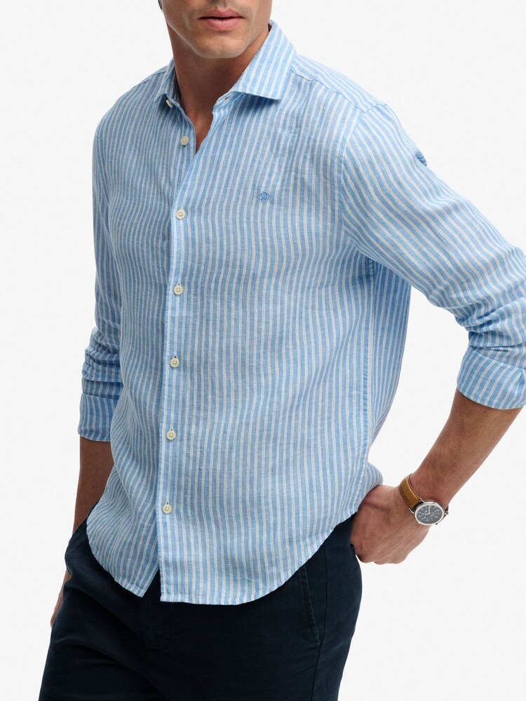 Superdry Blue Riviera Long Sleeve Linen Shirt - Image 1 of 5