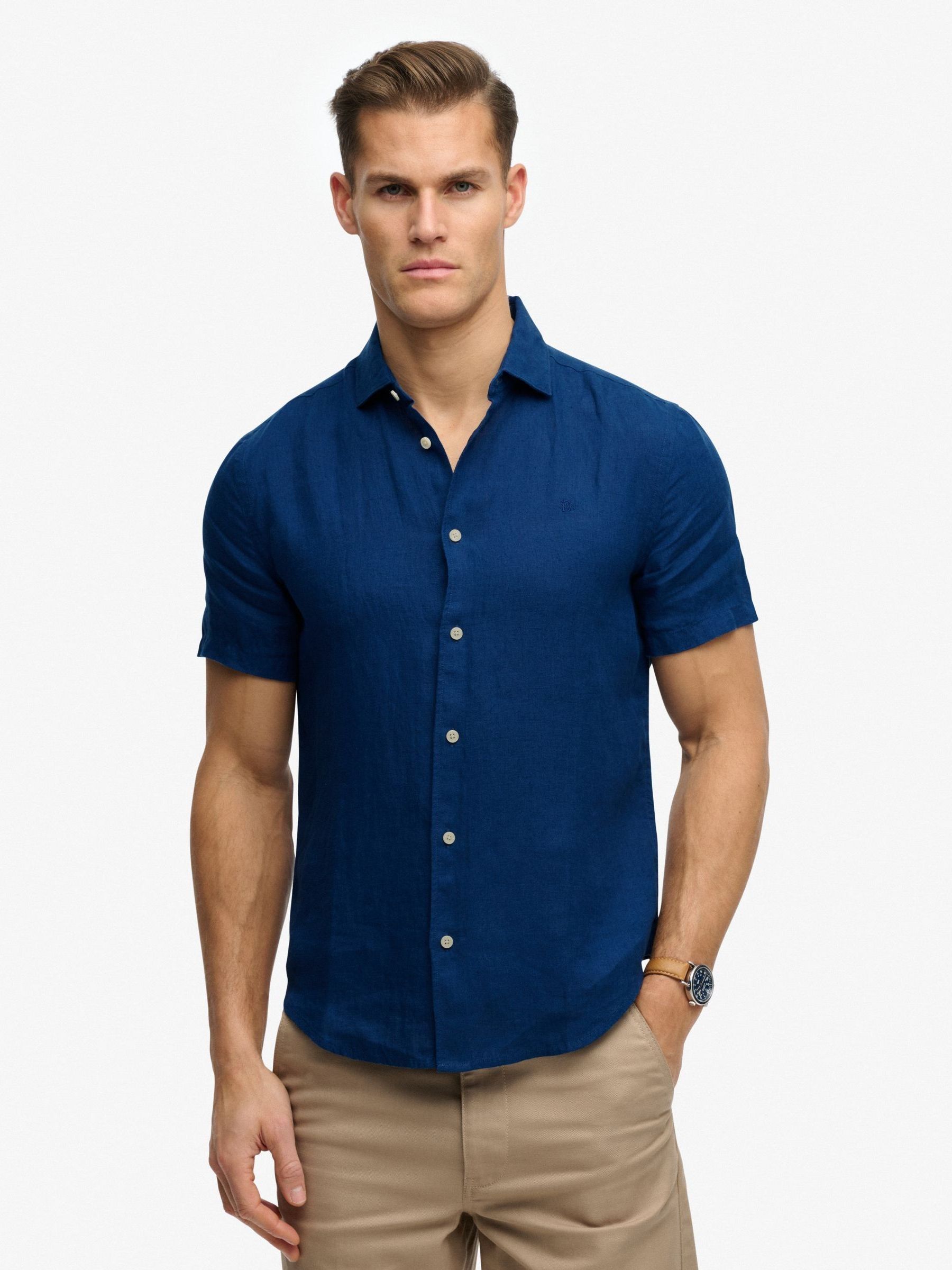 Buy Superdry French Blue Riviera Short Sleeve Linen Shirt from