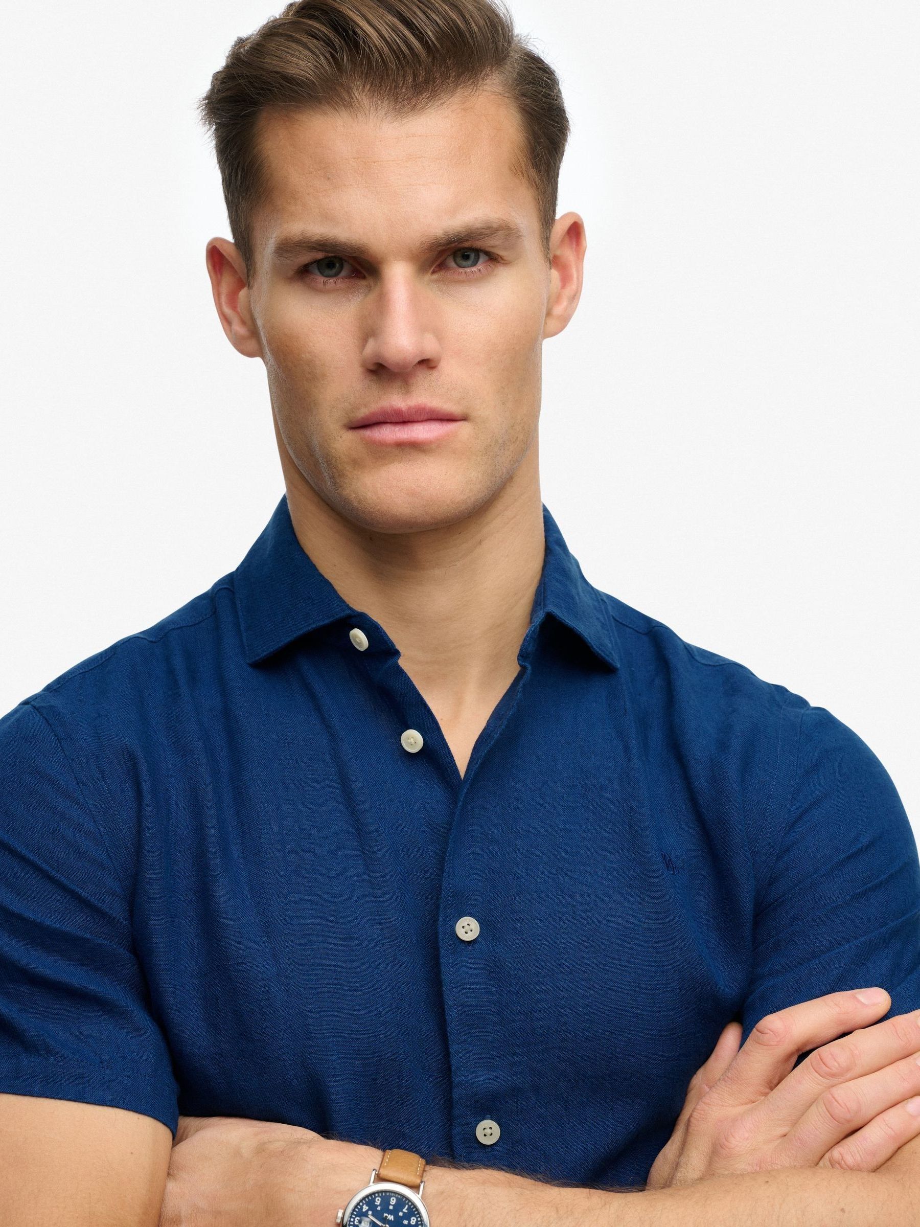 Buy Superdry French Blue Riviera Short Sleeve Linen Shirt from