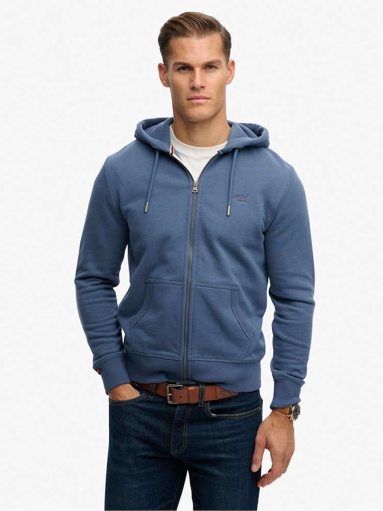 Superdry Blue Essential Logo Half Brushed Zip Hoodie - Image 1 of 4 Superdry Blue Essential Logo Half Brushed Zip Hoodie - Image 1 of 4