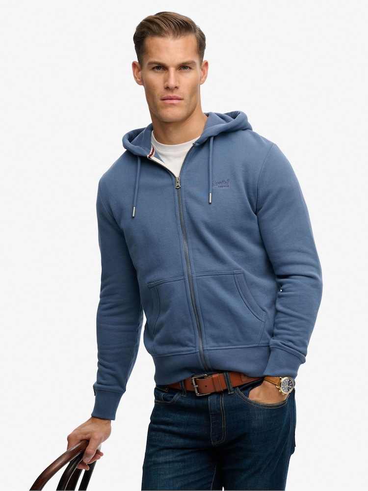 Superdry Blue Essential Logo Half Brushed Zip Hoodie - Image 4 of 4 Superdry Blue Essential Logo Half Brushed Zip Hoodie - Image 4 of 4