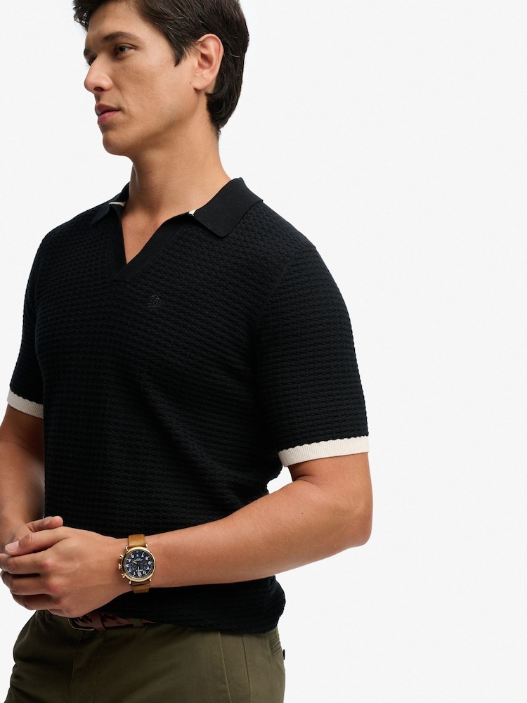Superdry Black Johnny Collar Knitted Polo Shirt - Image 1 of 6