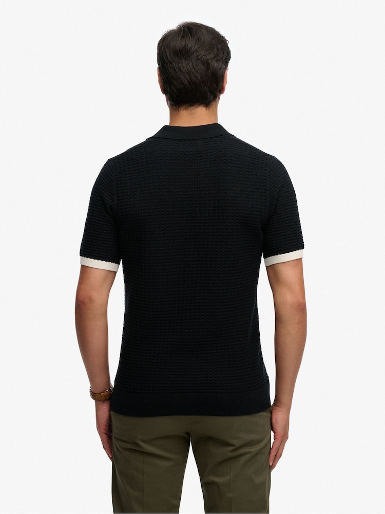 Superdry Black Johnny Collar Knitted Polo Shirt - Image 2 of 6