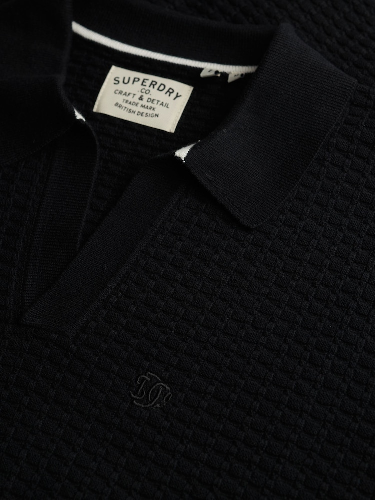 Superdry Black Johnny Collar Knitted Polo Shirt - Image 6 of 6