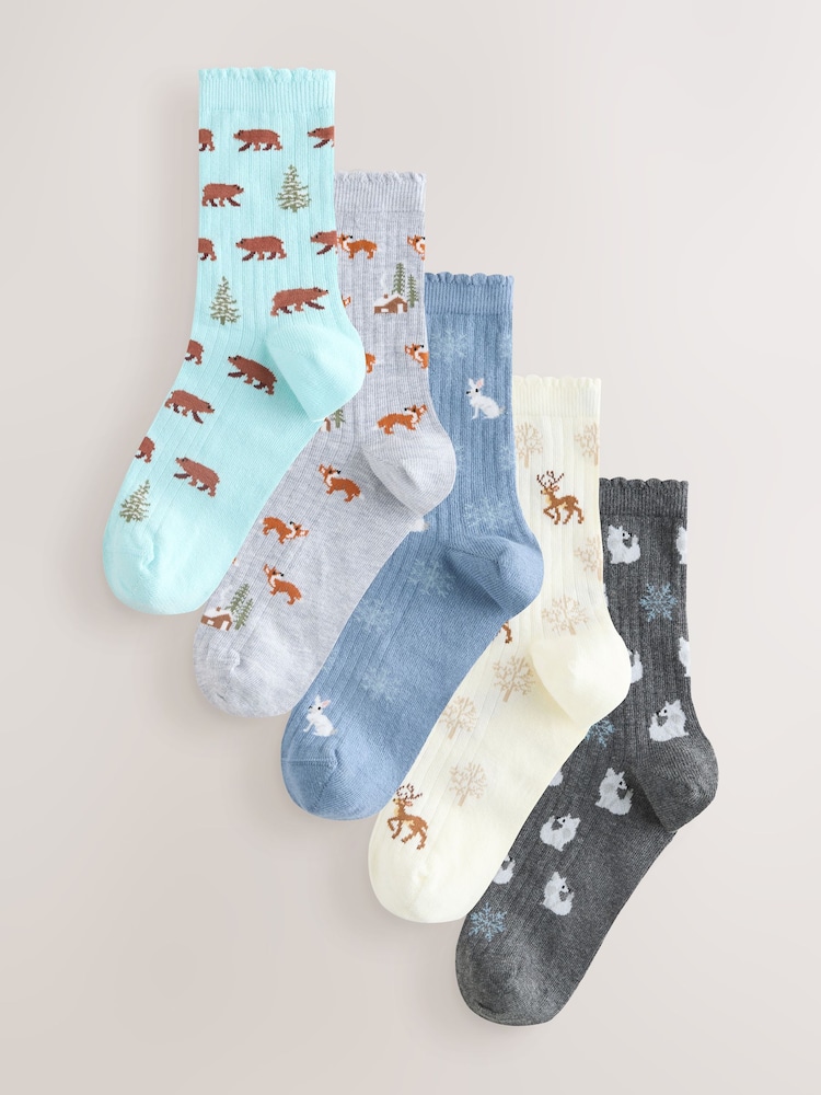 Blue Winter Animals Ankle Socks 5 Pack - Image 1 of 7