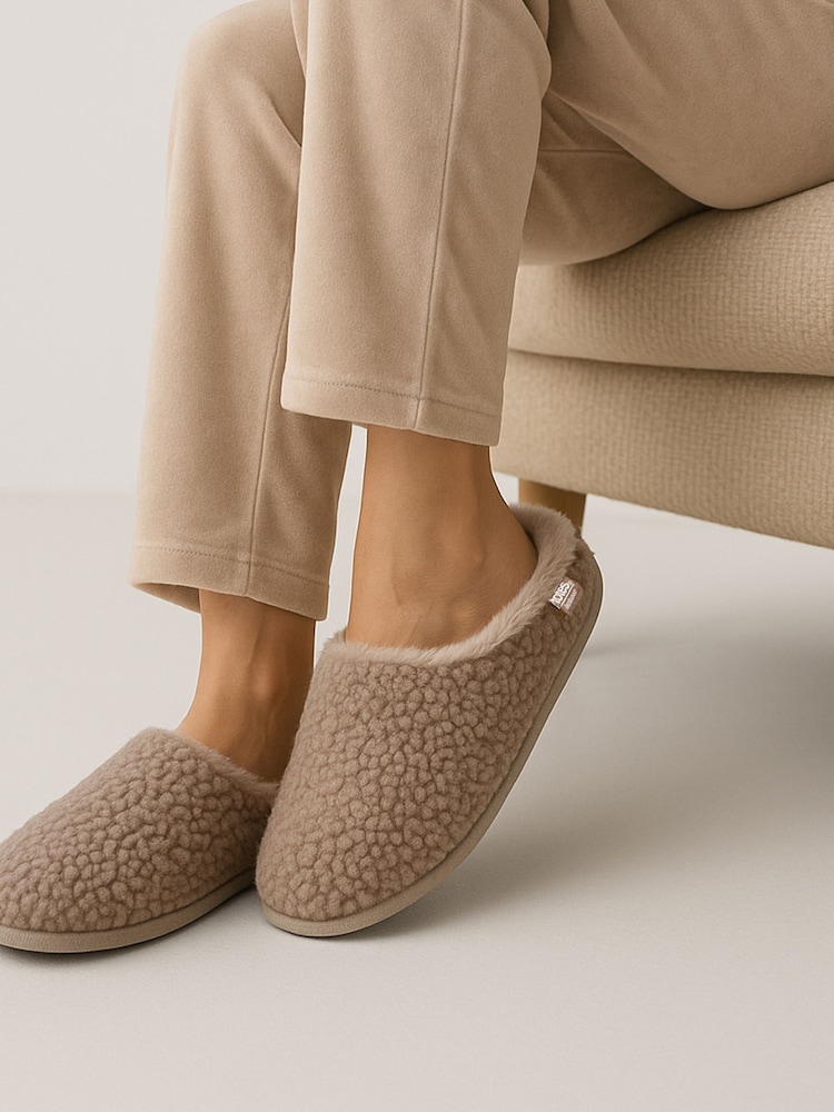 Totes Brown Isotoner Ladies Borg Swept Back Mules - Image 1 of 5