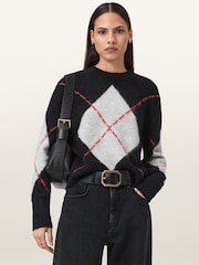 AllSaints Black Lou Argyle Jumper - Image 1 of 7