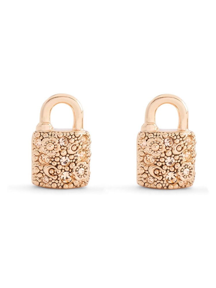 COACH Gold Tone Signature C Pavé Padlock Stud Boxed Earrings - Image 1 of 4 COACH Gold Tone Signature C Pavé Padlock Stud Boxed Earrings - Image 1 of 4