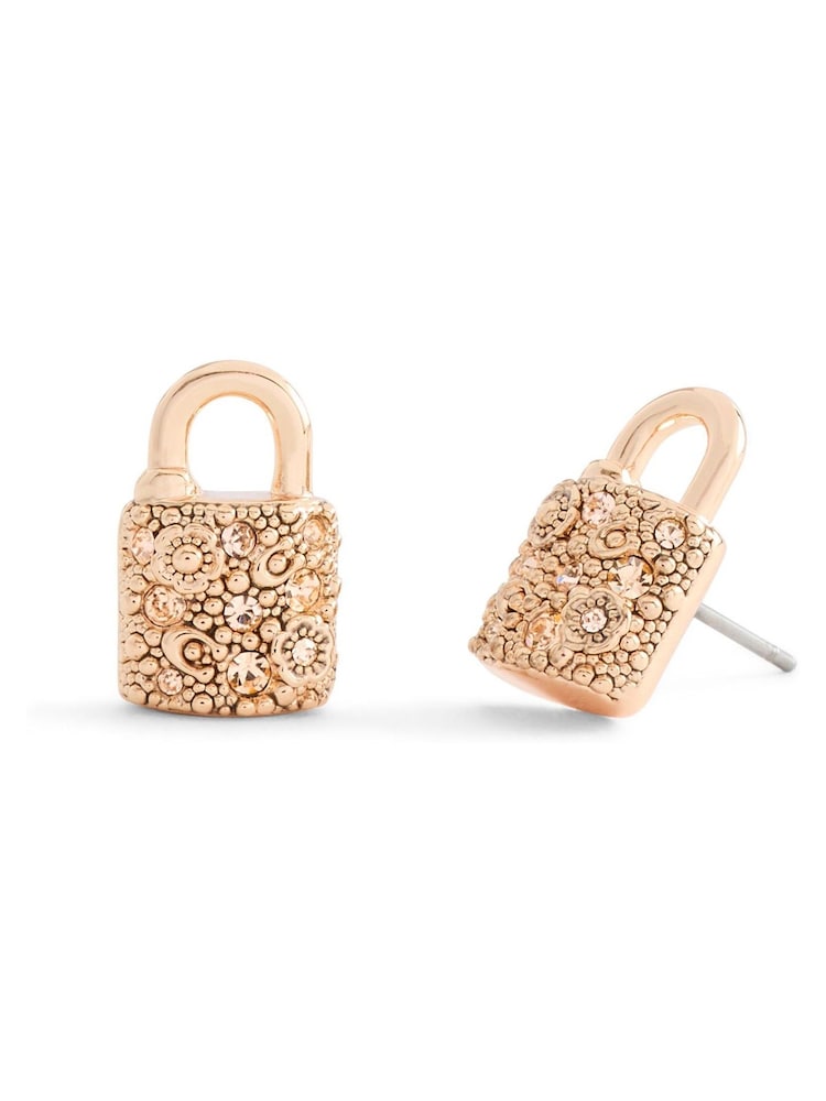 COACH Gold Tone Signature C Pavé Padlock Stud Boxed Earrings - Image 2 of 4 COACH Gold Tone Signature C Pavé Padlock Stud Boxed Earrings - Image 2 of 4