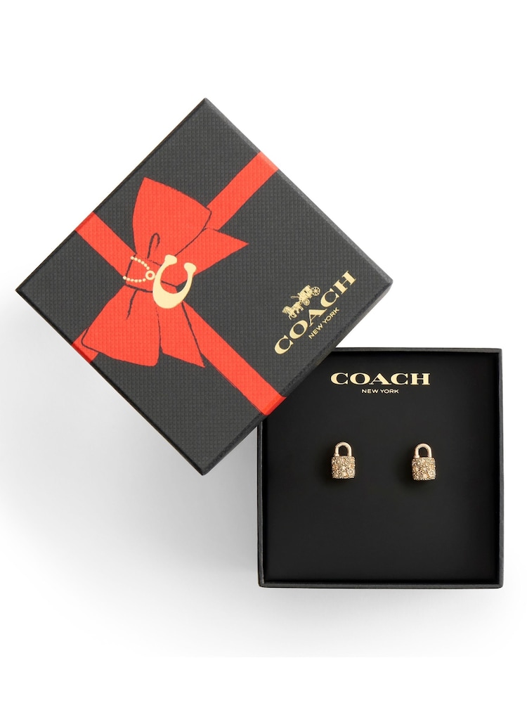 COACH Gold Tone Signature C Pavé Padlock Stud Boxed Earrings - Image 4 of 4 COACH Gold Tone Signature C Pavé Padlock Stud Boxed Earrings - Image 4 of 4