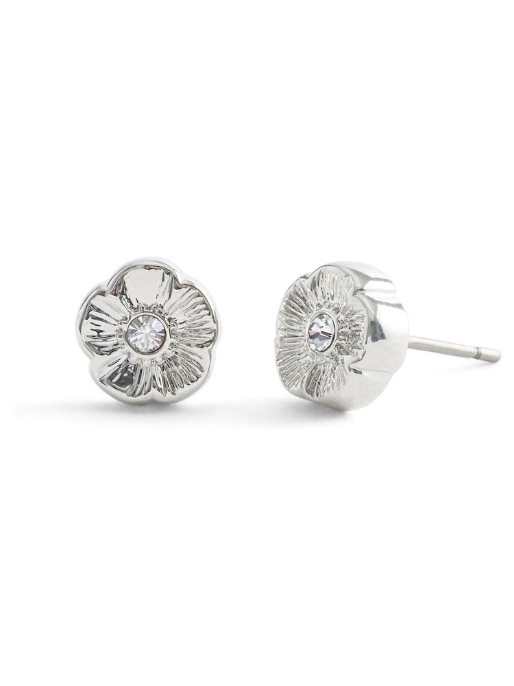 COACH Silver Signature Tea Rose Stud Earrings - Image 2 of 3 COACH Silver Signature Tea Rose Stud Earrings - Image 2 of 3
