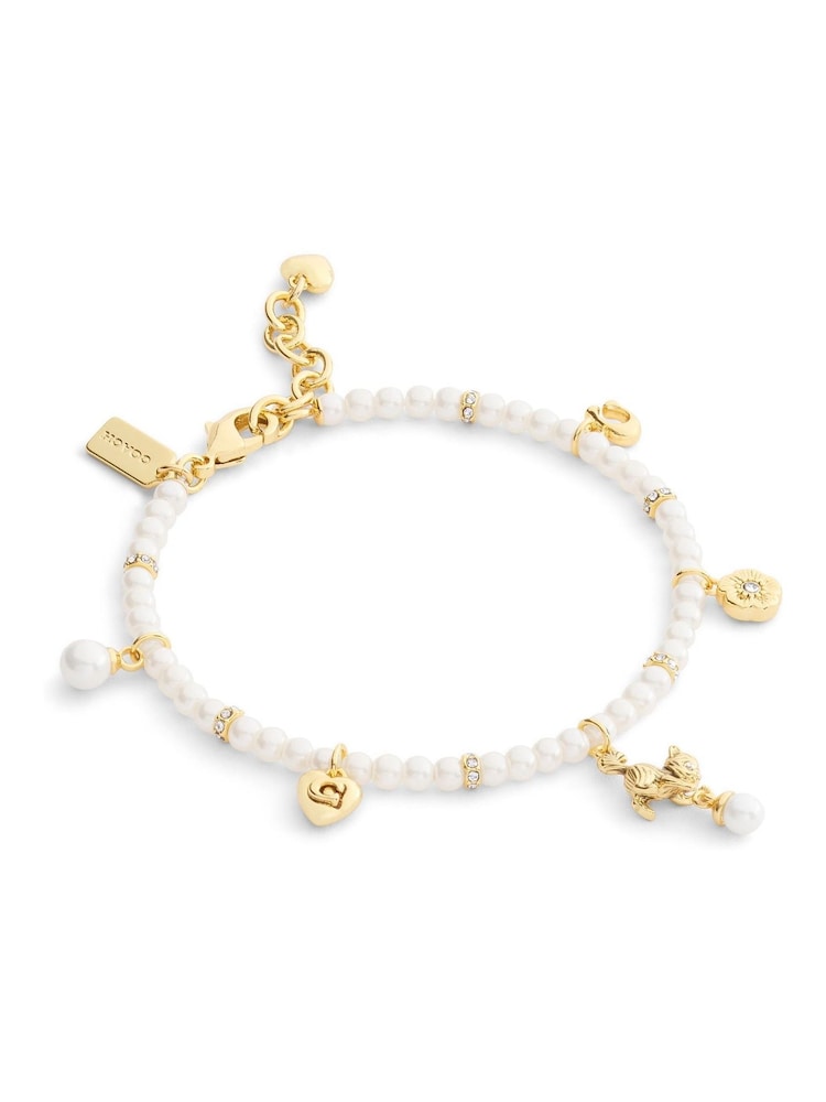 COACH Gold Tone Signature Cat Charm Pearl Strand Bracelet - Image 1 of 5 COACH Gold Tone Signature Cat Charm Pearl Strand Bracelet - Image 1 of 5