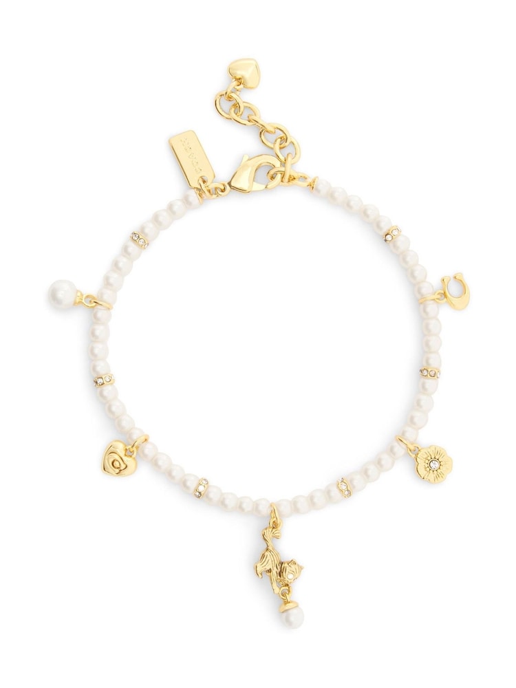 COACH Gold Tone Signature Cat Charm Pearl Strand Bracelet - Image 2 of 5 COACH Gold Tone Signature Cat Charm Pearl Strand Bracelet - Image 2 of 5