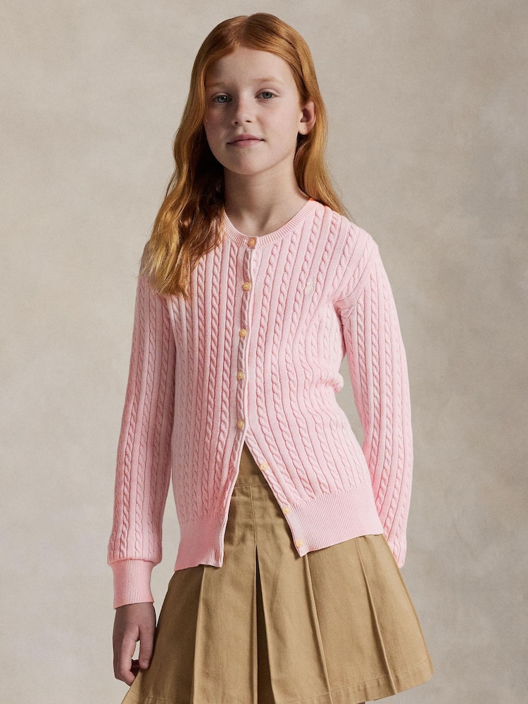 Polo Ralph Lauren Pink Girls Cable Knit Cardigan - Image 1 of 6 Polo Ralph Lauren Pink Girls Cable Knit Cardigan - Image 1 of 6
