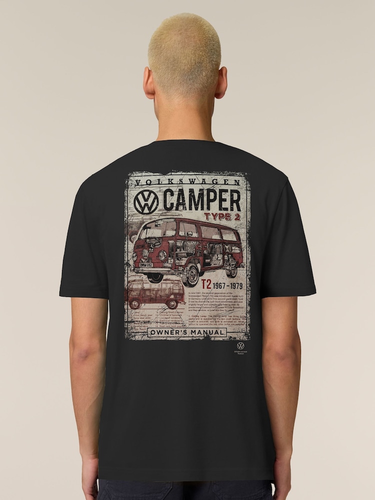 All + Every Black Volkswagen Type 2 Camper Owner's Manual Back Print Mens T-Shirt - Image 2 of 4