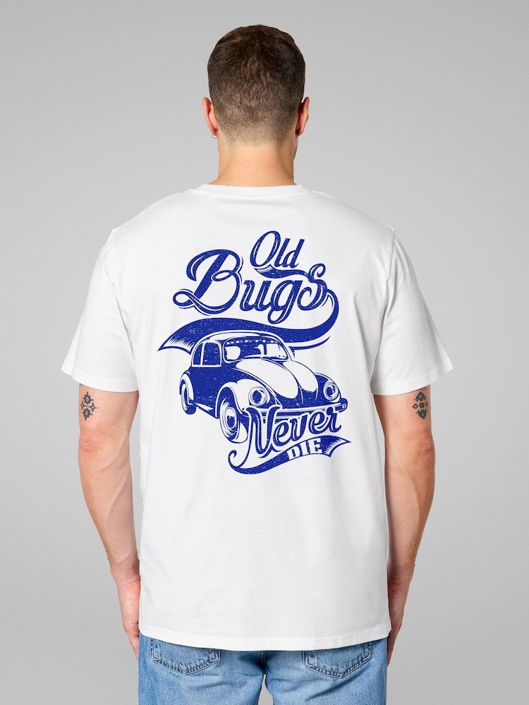 All + Every White Volkswagen Old Bugs Never Die Beetle Back Print Mens T-Shirt - Image 1 of 4 All + Every White Volkswagen Old Bugs Never Die Beetle Back Print Mens T-Shirt - Image 1 of 4