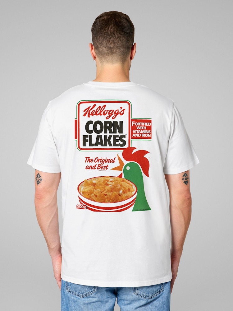 All + Every White Kellogg's Corn Flakes Breakfast Cereal Box Art 1983 Back Print Mens T-Shirt - Image 1 of 4 All + Every White Kellogg's Corn Flakes Breakfast Cereal Box Art 1983 Back Print Mens T-Shirt - Image 1 of 4