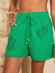 Love & Roses Bright Green Shell Cutwork Beach Shorts - Image 1 of 4